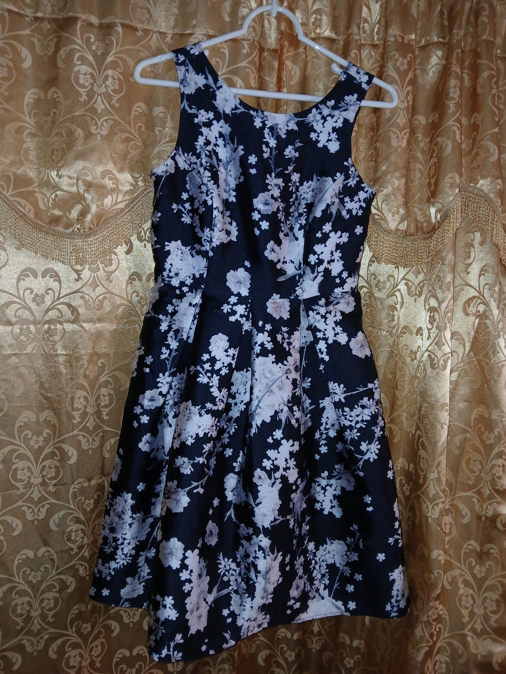 Black Floral Satin Dress with Cream Blossoms - Picture 2 of 9